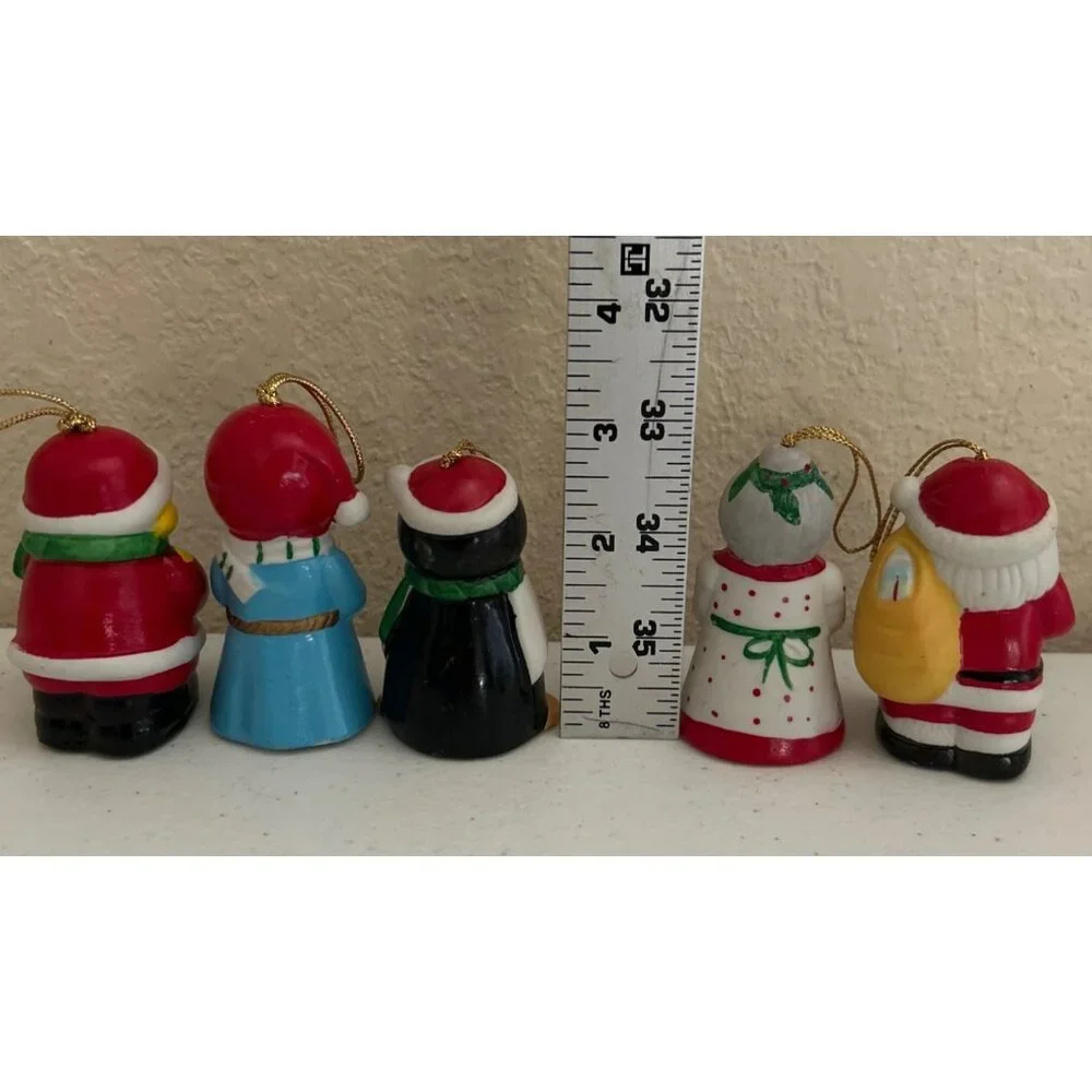 5 Vtg Hand-Painted Ceramic Christmas Bell Ornaments Santa Mrs Claus Drummer